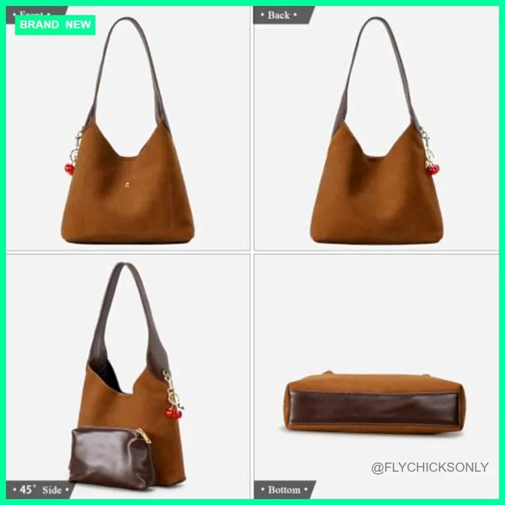 Faux Suede Hobo Shoulder Bag Slouchy Tote Medium Size Magnetic Closure